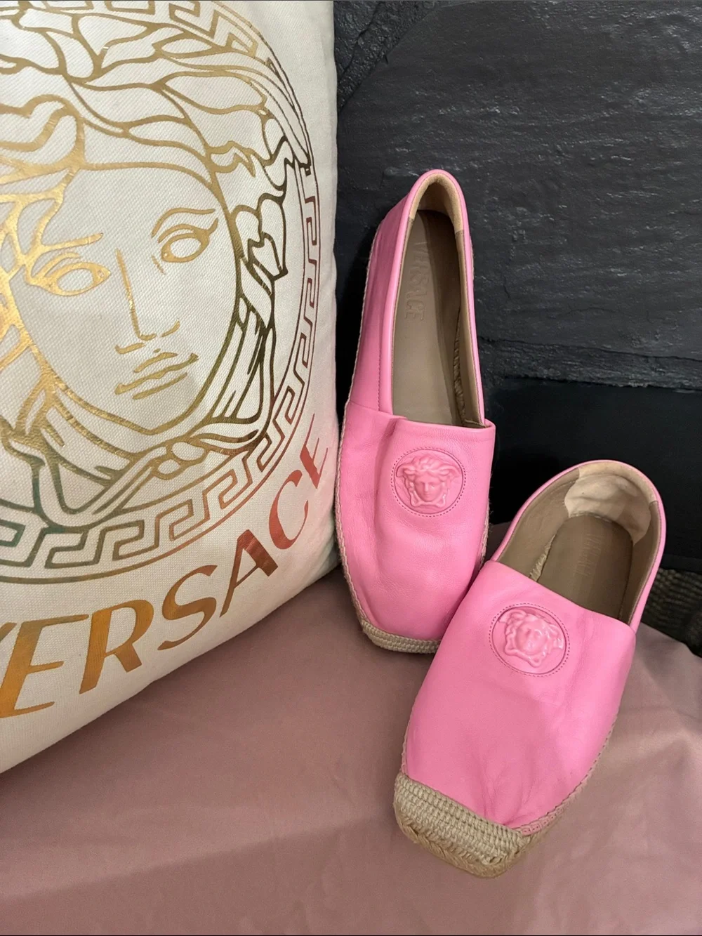 Versace Pink Leather Espadrille Loafers with Medusa Emblem